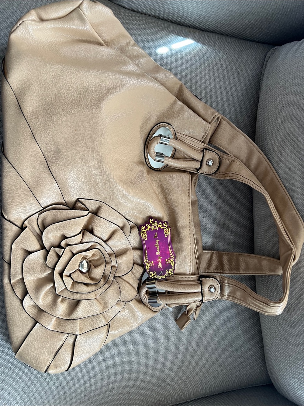Women's Beige Shoulder Bag with Floral Appliqué